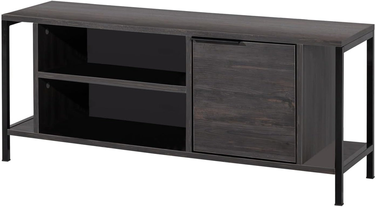 Hanah Home Industriële tv-standaard, donkerbruin en zwart, 120 cm x 48 cm x 35 cm, 100% melamine gecoat particle board, 18 mm dik, stijlvol en functioneel met cijferplanken
