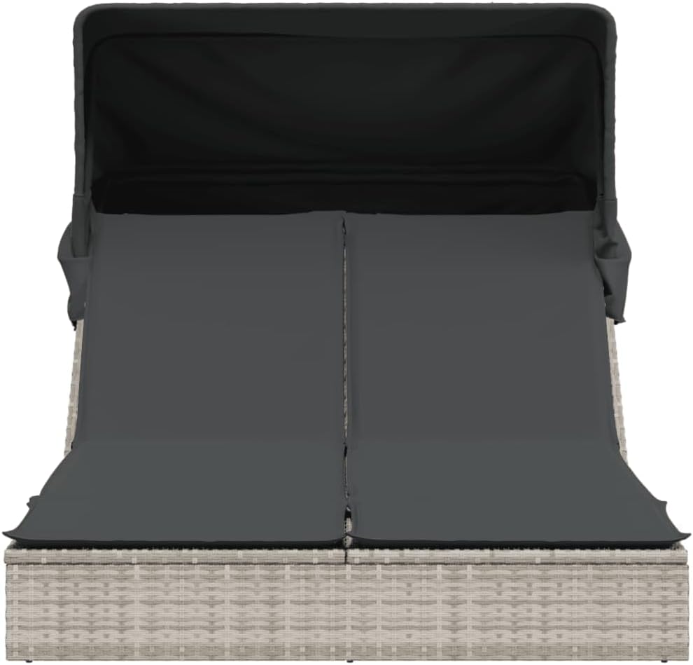 Outdoor Lounger with Retractable Hood and Washable Padded Cushions, Adjustable Backrest, 2 Positions, Durable PE Rattan, Garden Patio - QUORE