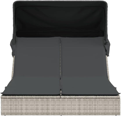 Outdoor Lounger with Retractable Hood and Washable Padded Cushions, Adjustable Backrest, 2 Positions, Durable PE Rattan, Garden Patio - QUORE