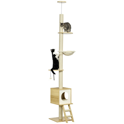 Krabpaal – Krabmeubel – Klimpaal – Kattenhuis – Hangmat – Lichtbruin en Beige – 260 cm Hoogte – Plafondbevestiging voor Extra Stabiliteit