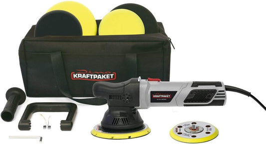 Dino KRAFTPAKET 640301 Excentrische polijstmachine, 15 mm-900 W, traploos in XXL-set met 125 mm, 150 mm steunschijf, polijstspons, polijstpad, tas voor auto, boot, grijs