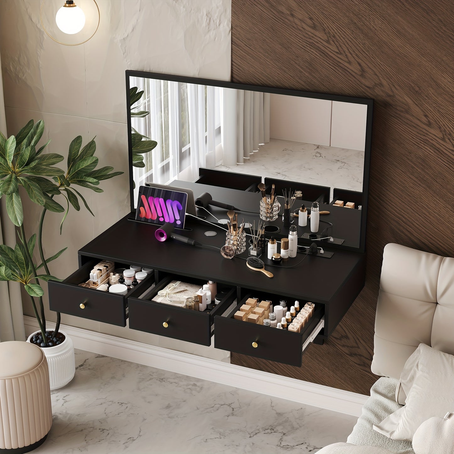 Make-uptafel – Make-uptafel – Kaptafel – Dressoir – Make-up Bureau – Zwart Hangend Model – 3 Lades & Bekerhouder – Ruimtebesparend Design – Zonder Elektriciteit – Duurzaam Glas
