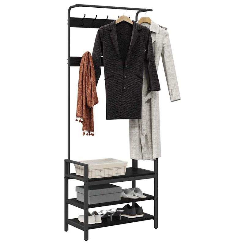 Kapstok Zwart Eiken – Garderobe Standaard – Jasrek – Schoenenrek – Halmeubel – Compact Ontwerp – Duurzaam Gelamineerd Hout – 75x34x184 cm