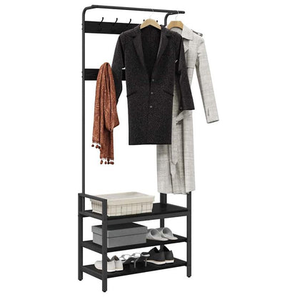 Kapstok Zwart Eiken – Garderobe Standaard – Jasrek – Schoenenrek – Halmeubel – Compact Ontwerp – Duurzaam Gelamineerd Hout – 75x34x184 cm