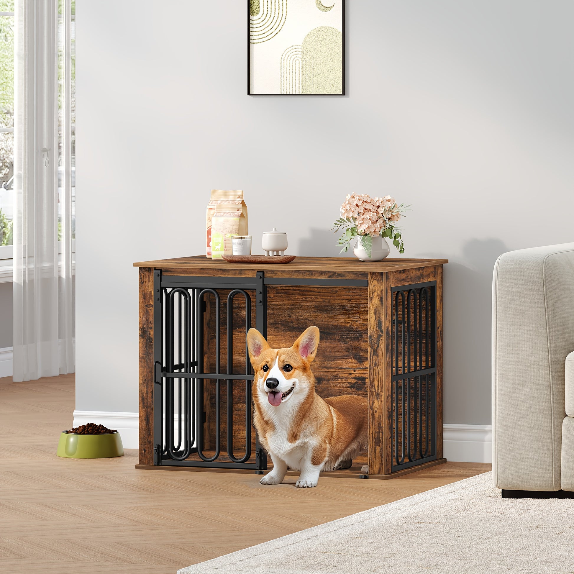 Wooden Dog Cage Furniture, 81cm Household Pet Crate, Double-Door Design with Sliding Door for Small to Medium Breeds, Includes Sturdy Side Table (55 × 81.4× 62.4) cm - Brown/White, Pet Crate Furniture, Furniture Dog Crate, - QUORE