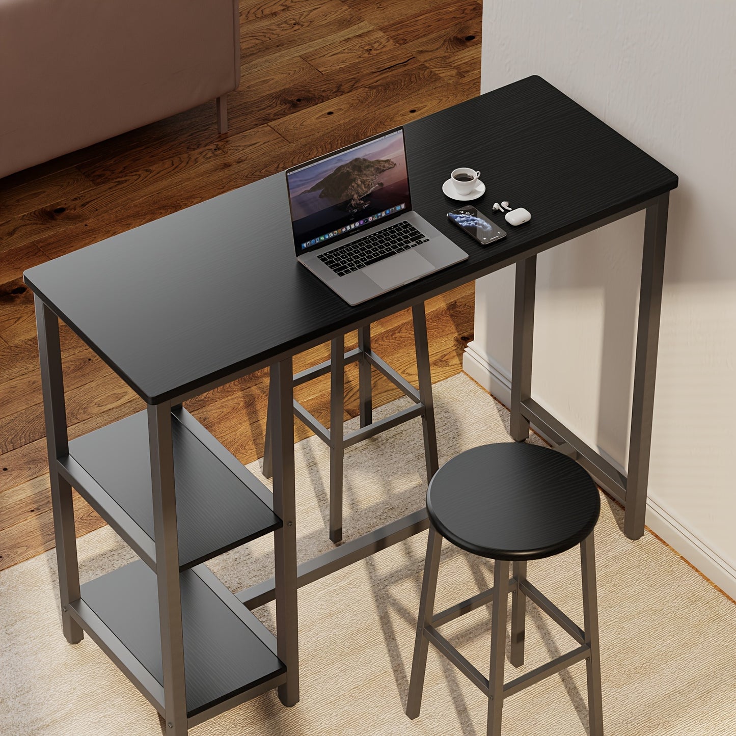 Barset – Bartafelset – Barkrukken – Bartafel – Barmeubel – Zwart & Rustiek Bruin – Compact Ontwerp – Inclusief Wijnrek & Opbergruimte