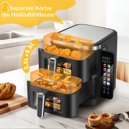 Airfryer – Heteluchtfriteuse – Dubbele Mand – Dubbele Lade – XXL Heteluchtoven – 11L Capaciteit – Verticaal Stapelbaar – PFAS-vrij – 2800W – 10 Kookprogramma’s – Sync & Match Functie