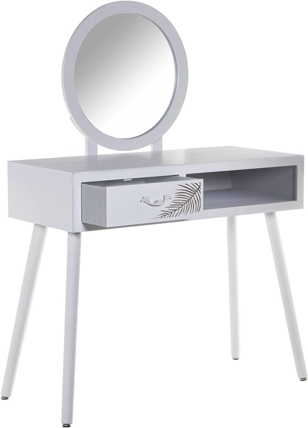 DRW Schminktafel met 1 lade van MDF-hout met reliëfblad en spiegel in wit en goud, 90 x 40 x 80 cm, spiegel 50 cm