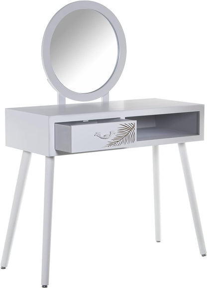 DRW Schminktafel met 1 lade van MDF-hout met reliëfblad en spiegel in wit en goud, 90 x 40 x 80 cm, spiegel 50 cm