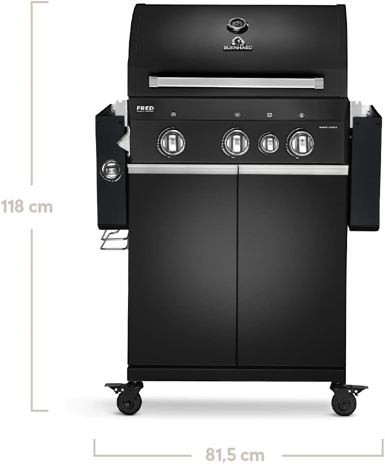 BURNHARD 3 Burners Gas Barbecue FRED Deluxe BLACK Series 3 incl. Rear Burner, Ceramic 900 °C Infrared Burner, Side Cooker, Cast Iron Grill Grate + Folding Side Tables - QUORE