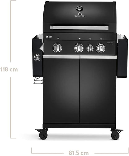 BURNHARD 3 Burners Gas Barbecue FRED Deluxe BLACK Series 3 incl. Rear Burner, Ceramic 900 °C Infrared Burner, Side Cooker, Cast Iron Grill Grate + Folding Side Tables - QUORE