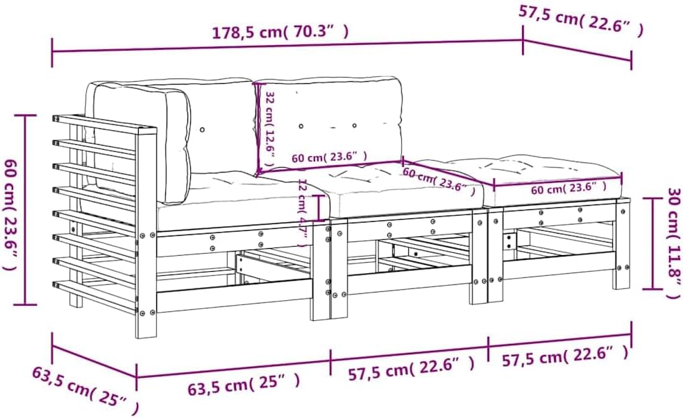 vidaXL 3-piece Lounge set with cushions solid wood grey - QUORE