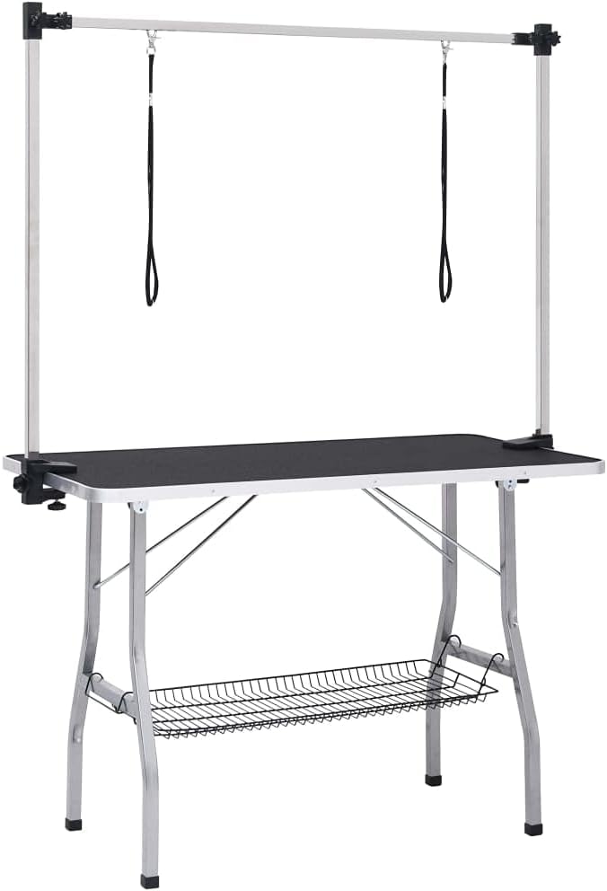 Dog grooming table adjustable with 2 loops and storage shelf
