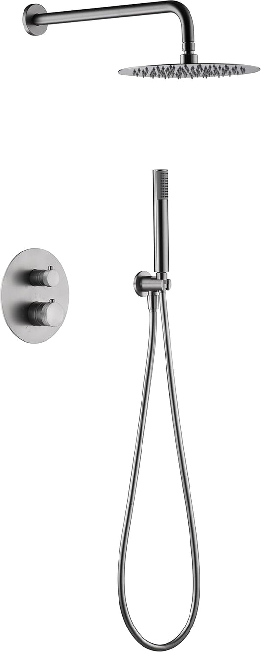 Thermostatische Doucheset – Inbouw Douchekraan – Handdouche – Hoofddouche – Badkraan – 2-Weg Omstelling – Geborsteld Nikkel Afwerking