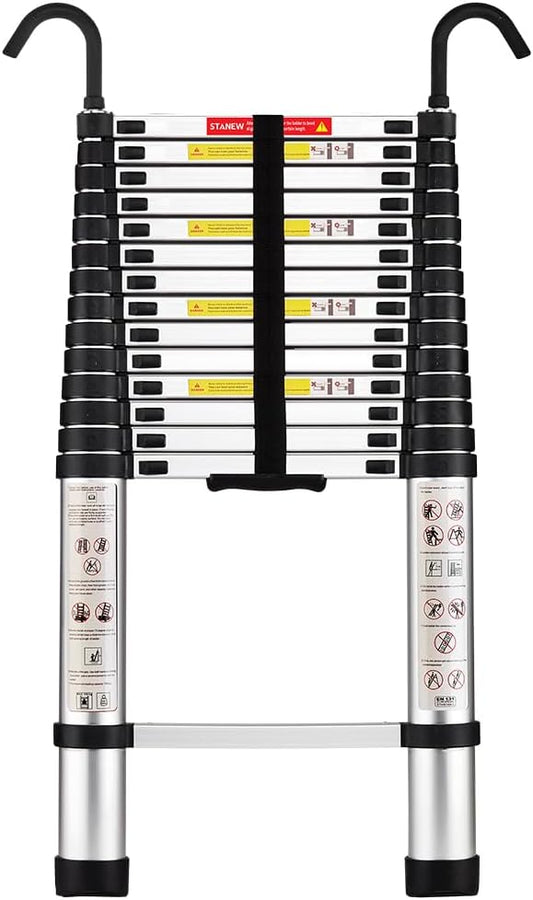 STANEW Telescopische Ladder 4.4m, Uitschuifbare Ladder van Aluminium met 2 afneembare haken, Belastbaar tot 150 kg