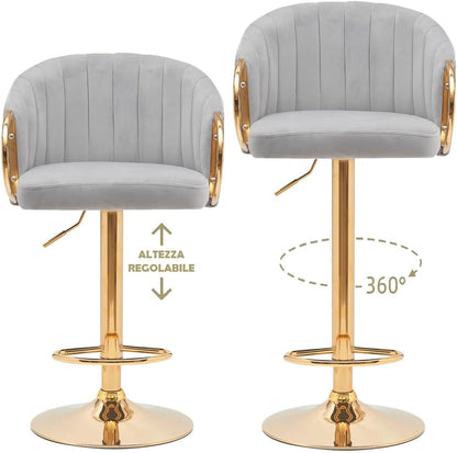BAKAJI Set van 2 keukenkrukken met verstelbare hoogte en stoffen bekleding, barstoelen, restaurants, met gouden frame en voetensteun, draaibare kruk, gewatteerde comfortabele rugleuning (grijs)