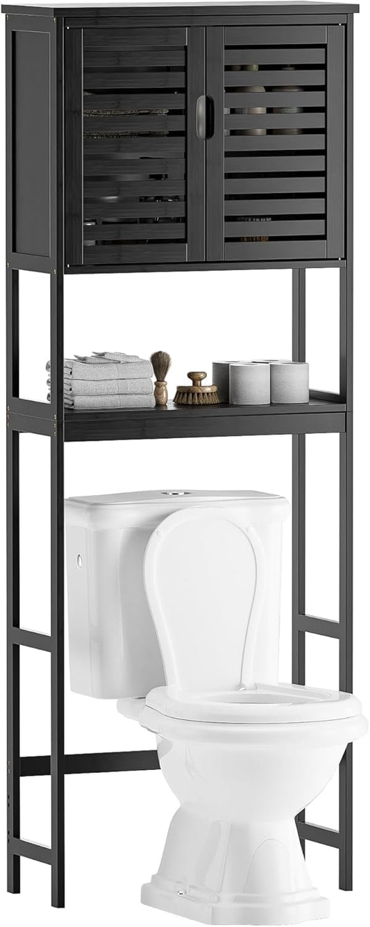 SMIBUY Bathroom Above Toilet Storage Cabinet, 2-Door Bamboo Cabinet Organizer, Freestanding Space Saving Toilet Rack with Adjustable Inner Shelf and Open Shelf (Black) - QUORE