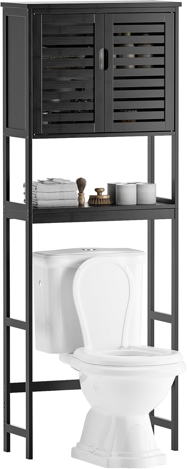 SMIBUY Badkamer boven het toilet opbergkast, 2-deurs bamboe kast organizer, vrijstaand ruimtebesparend toiletrek met verstelbare binnenplank en open plank (zwart)