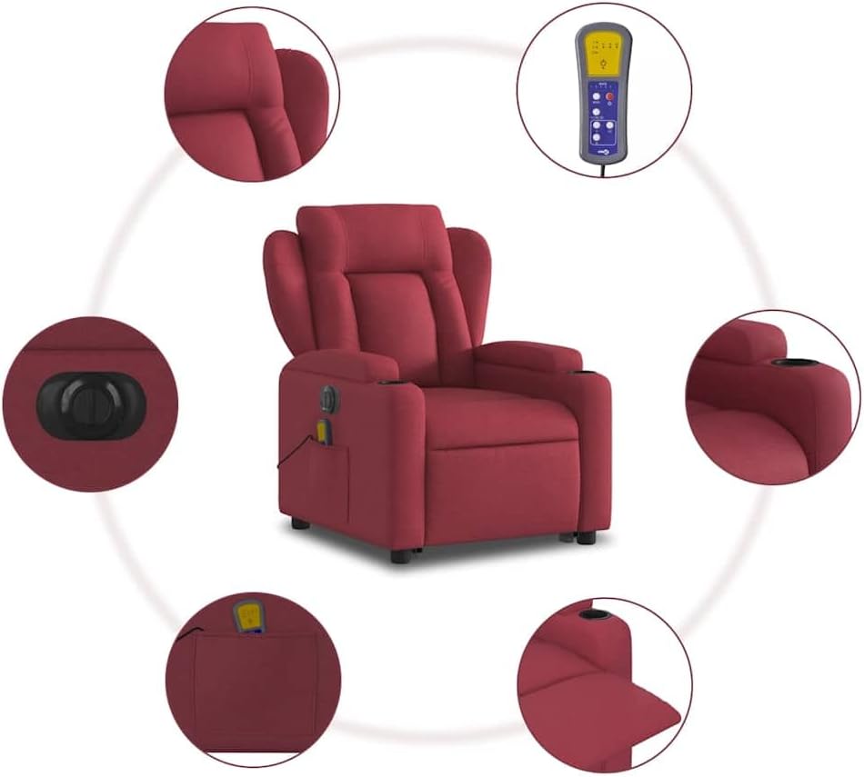 Elektrische Massagestoel – Relaxstoel – Televisiestoel – Massagestoel – Opstahulp – Wijnrode Stof – Elektrische Ligfunctie – 6-Punts Vibratiemassage