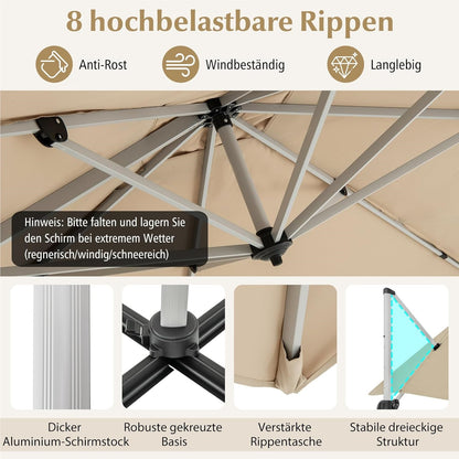 Tuinscherm Parasol – Tuintent Zonnescherm – Terrasparasol – Marktparasol – Beige – 300x300 cm Groot – 360° Draaibaar Met Slingerbediening