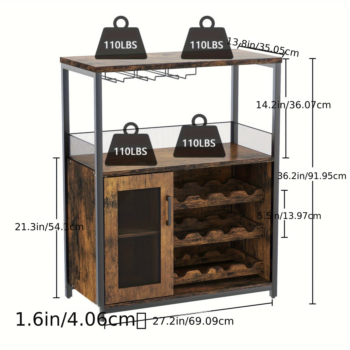 Barkast – Wijnkast – Drankkast – Keukentrolley – Opbergkast – Verstelbare Planken – Houten Metaal Constructie – Mesh Deur – Valbeveiliging – Vrijstaand – Rustiek Bruin