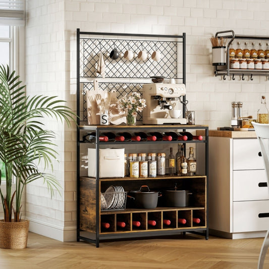 Keukenkastje – Keukenrek – Opbergkast – Magnetronkast – Buffetkast – Metalen Frame – Ruim Werkblad – Vrijstaand – Bruin – Ruimtebesparend – 5 Haken – Zonder Elektriciteit