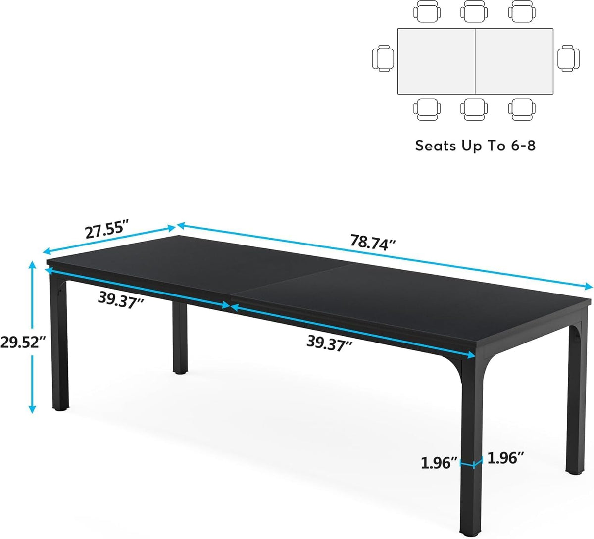 Lailang 200cm Eettafel, Kitchen Dining Table, Eetkamertafel, Houten Eettafel, Dining Table For 8, Large Long Rectangle, 200 x 70 x 75 cm, Zwart