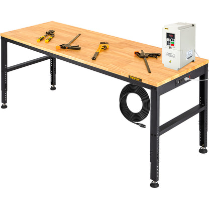 Verstelbare Werkbank – Werktafel – Klusbank – Montagebank – Werkstation – 155 x 50 cm – Massief Hardhout – Ingebouwde Stopcontacten en USB-poorten