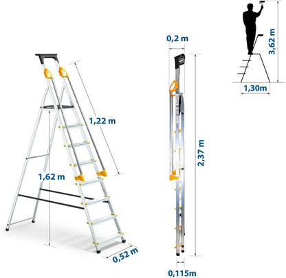 DURAMP trapladder met 8 treden, beveiligd met hellingen, gereedschapshouder, inklapbaar, aluminium, platformhoogte 162 cm Hoström