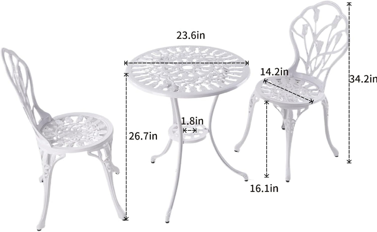 Garden Furniture Set, 3-Piece Aluminium Casting Tavern Set, White, 2 Chairs with Ornament Design and 1 Table, for Balcony and Patio (Tulip White) - QUORE