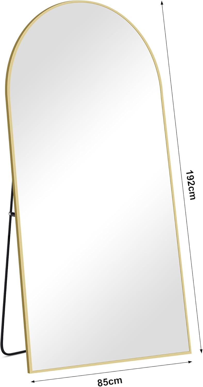 NASSYOU Bogen Ganzkörperspiegel, 192 x 85 cm staande spiegel met gouden aluminium frame, grote wandspiegel vloerspiegel voor slaapkamer, entree, gang, huisdecoratie
