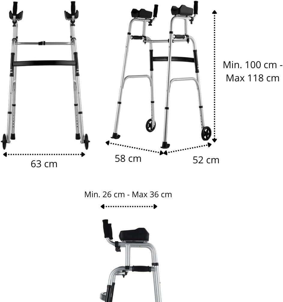 Opvouwbare rollator met onderarmsteun van aluminium voor ouderen en breekbare personen, inklapbaar, revalidatie, 8 hoogte-instellingen, medisch hulpmiddel klasse 1
