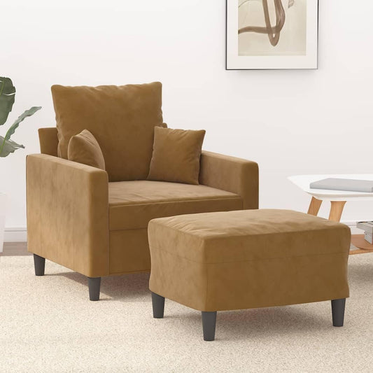Fauteuil met kruk bruin 60 cm fluwelen gestoffeerde stoel relaxstoel comfortabel ontspannen robuust frame woonkamer zitgelegenheid modern design