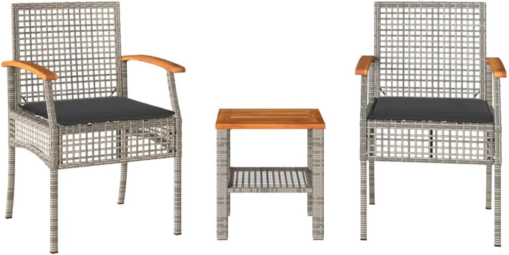 vidaXL 3-Piece Bistro Set with Cushions Poly Rattan and Acacia Wood Grey, Lounge Set, Garden Lounge Set, Outdoor Lounge Set, Garden Set, Patio Set, Garden Set Lounge - QUORE