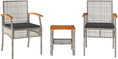 vidaXL 3-Piece Bistro Set with Cushions Poly Rattan and Acacia Wood Grey, Lounge Set, Garden Lounge Set, Outdoor Lounge Set, Garden Set, Patio Set, Garden Set Lounge - QUORE