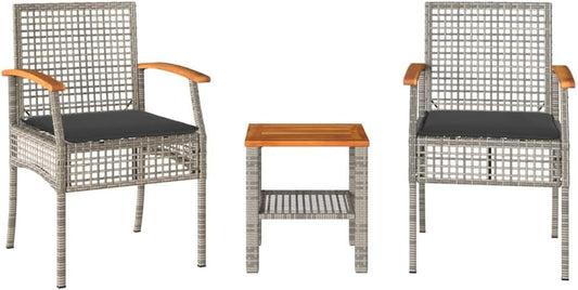 vidaXL 3-Piece Bistro Set with Cushions Poly Rattan and Acacia Wood Grey, Lounge Set, Garden Lounge Set, Outdoor Lounge Set, Garden Set, Patio Set, Garden Set Lounge - QUORE