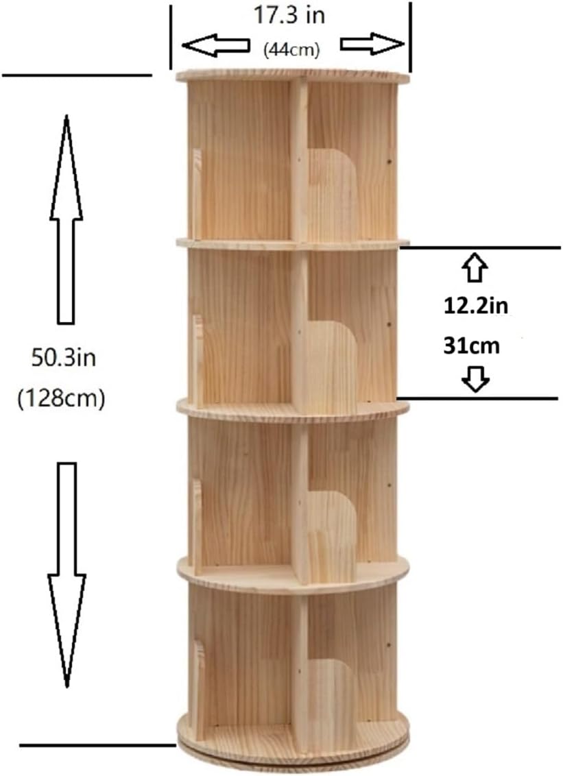 Heehee Roterende Boekenplank 360 Display 4 Tier Vloerstaande Boekenkast Opbergrek voor Kinderen & Volwassenen Massief Houten Boekenplank Organizer