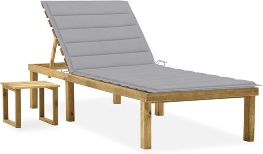 Sun lounger with coffee table, cushion, sun lounger with cushion, outdoor lounger, tilting lounger made of impregnated pine wood - QUORE
