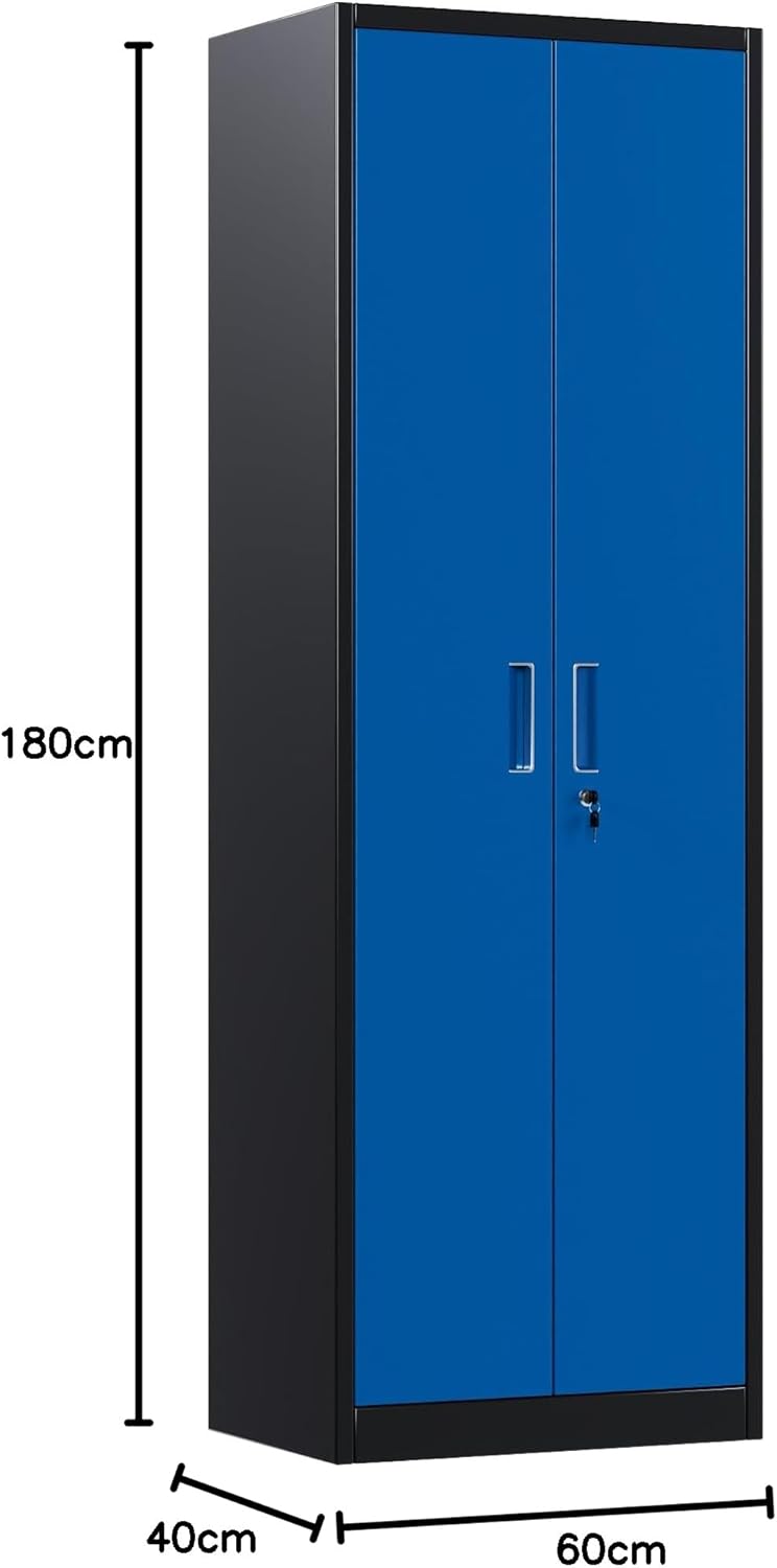 Metalen opbergkast met 2 deuren en 4 verstelbare planken, 180 x 60 x 40 cm stalen kast voor magazijn, garage, thuis, kantoor, eenvoudig te monteren vereist (zwart/blauw)