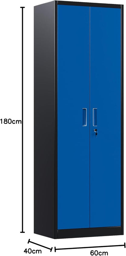 Metalen opbergkast met 2 deuren en 4 verstelbare planken, 180 x 60 x 40 cm stalen kast voor magazijn, garage, thuis, kantoor, eenvoudig te monteren vereist (zwart/blauw)