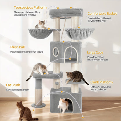 Krabpaal – Kattenboom – Kattenmeubel – Kattentoren – Krabmeubel – 163 cm Hoog – 10 cm Dikke Sisalpalen Voor Grote Katten – Twee Kattenholletjes Met Ruim Platform