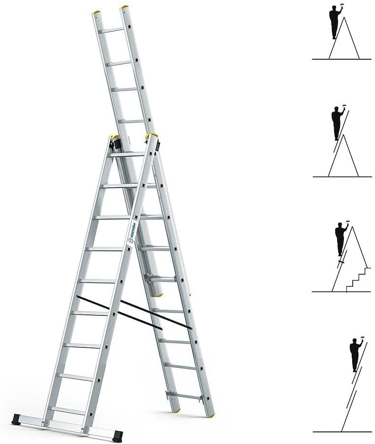 StablePro 3 niveaus transformeerbare ladder, 3 x 9 sporten, aluminium, uittrekbaar, 6 posities, werkhoogte max. 6,10 m, 5 jaar garantie