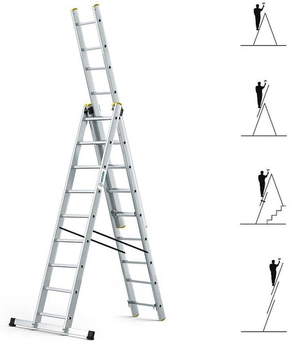 StablePro 3 niveaus transformeerbare ladder, 3 x 9 sporten, aluminium, uittrekbaar, 6 posities, werkhoogte max. 6,10 m, 5 jaar garantie