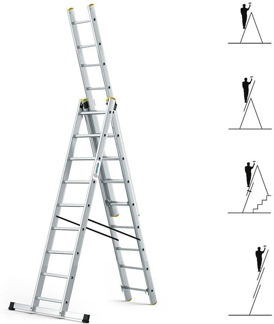 StablePro 3 niveaus transformeerbare ladder, 3 x 9 sporten, aluminium, uittrekbaar, 6 posities, werkhoogte max. 6,10 m, 5 jaar garantie