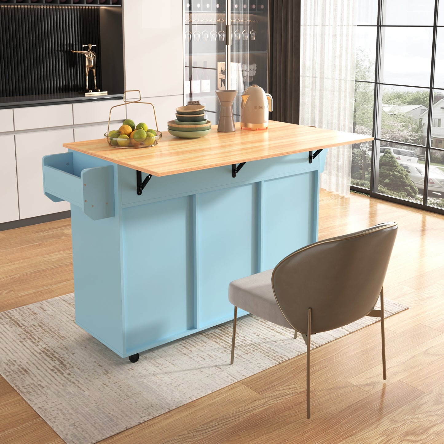 Keukenkar – Serveerwagen – Werktafel – Eettafel – Opbergkast – Uitklapbaar Werkblad – Houtnerf Afwerking – 139×46(71)×91,5 cm – Mobiel Met Wieltjes Of Stevig Houten Onderstel – Veelzijdige Keukenopslag