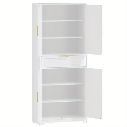 Kast – Opbergkast – Buffetkast – Keukenkast – Hoge Kast – 4 Deuren Met Grote Lade – Verstelbare Planken – Wit Spaanplaat