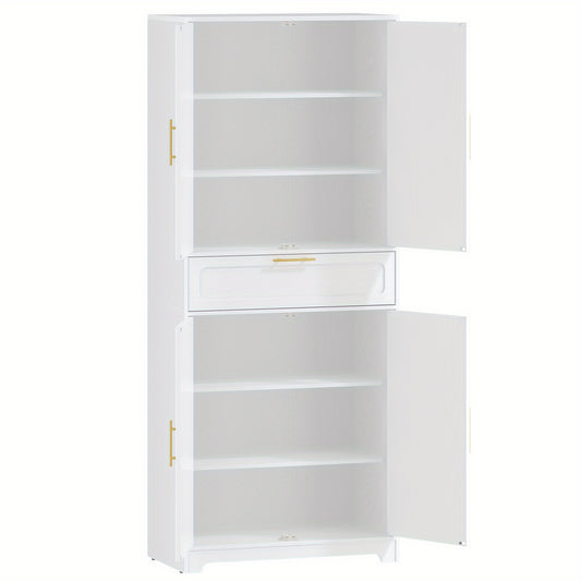 Kast – Opbergkast – Buffetkast – Keukenkast – Hoge Kast – 4 Deuren Met Grote Lade – Verstelbare Planken – Wit Spaanplaat
