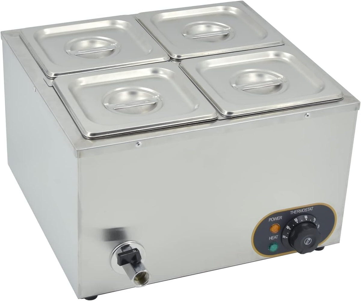 Elektrisch waterbad van roestvrij staal, voedselwarmer buffet, 4 x 1/6 met deksel, instelbare temperatuur 30 °C - 85 °C