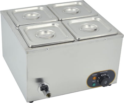 Elektrisch waterbad van roestvrij staal, voedselwarmer buffet, 4 x 1/6 met deksel, instelbare temperatuur 30 °C - 85 °C