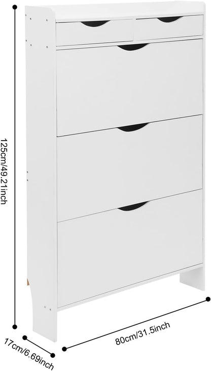 Shoe cabinet with 3 flaps, 80 x 17 x 125 cm, white, shoe rack, shoe cabinet, narrow, 15 kg, load capacity with two cupboards - QUORE
